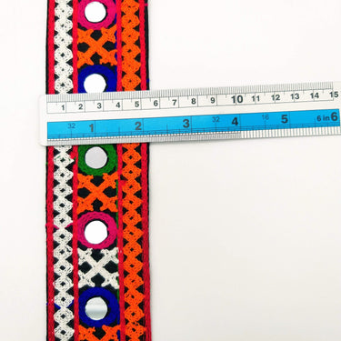 Black Cotton Fabric Trim with Multicolor Embroidery and Real Mirror, Kutch Embroidery Trim, Mirror Lace